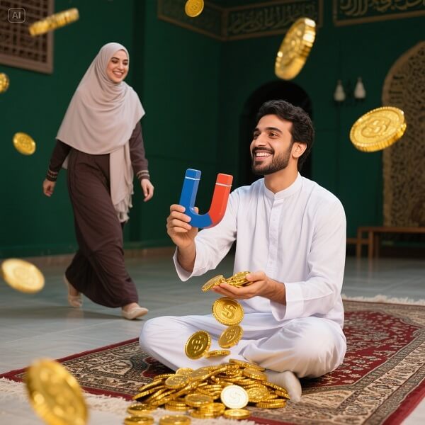 a man hold U magnet and draw all rizky to him a beautiful lady come to him