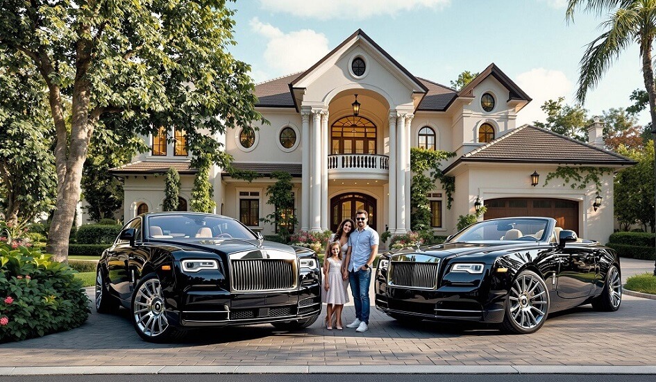 pasangan dengan anaknya kaya raya depan mansion dan mobil rolls royce